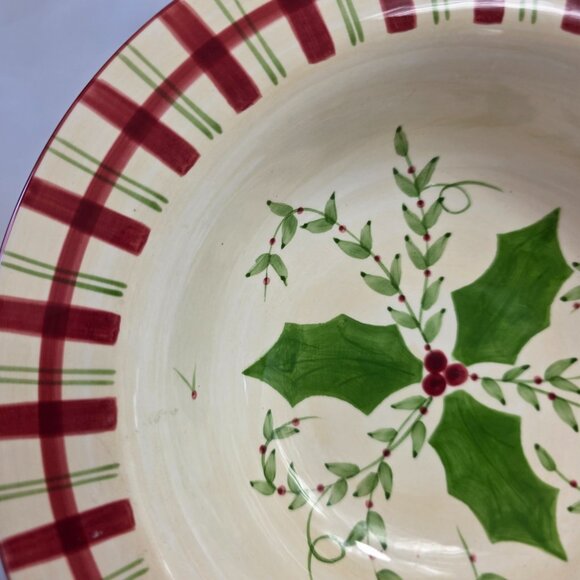 Los Angeles Pottery Laurie Gates Holiday Soup Bowl Green & Red Holly & Plaid - Picture 12 of 15